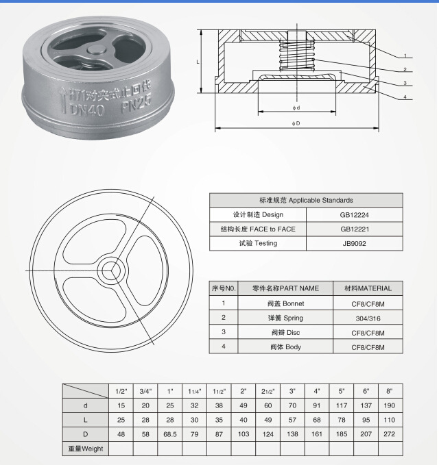 厂家直销h71对夹升降式止回阀 不锈钢对夹式止回阀 带弹簧止回阀