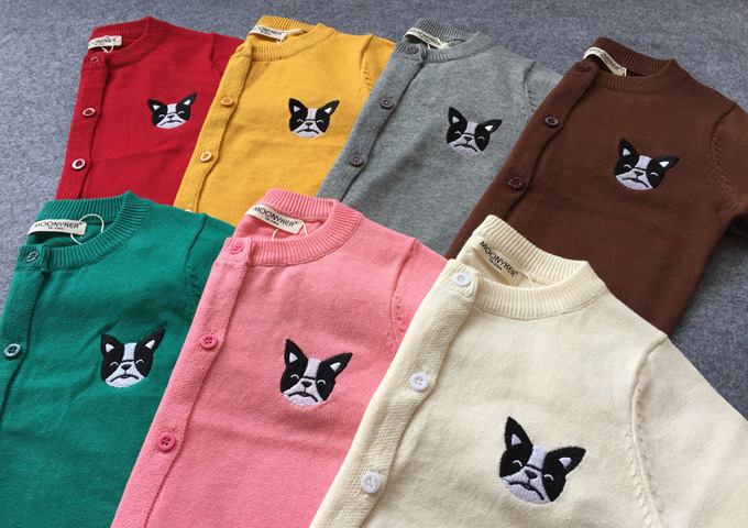 2018年春秋儿童小狗刺绣纯棉针织毛线开衫男女童空调衫毛衣