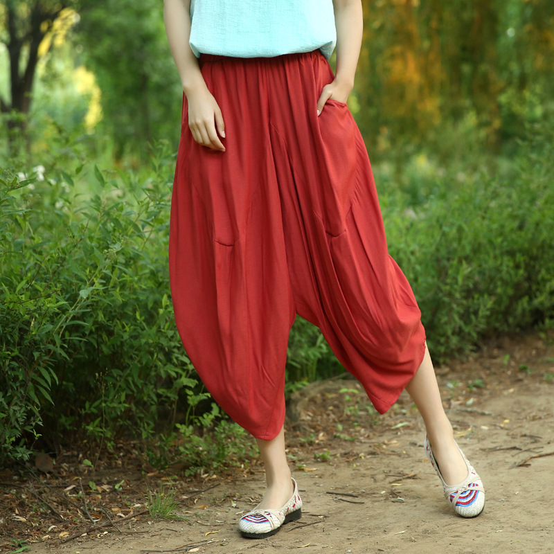 春夏新款长裤女原创欧美时尚宽松灯笼裤亚麻棉休闲裤大码一件代发