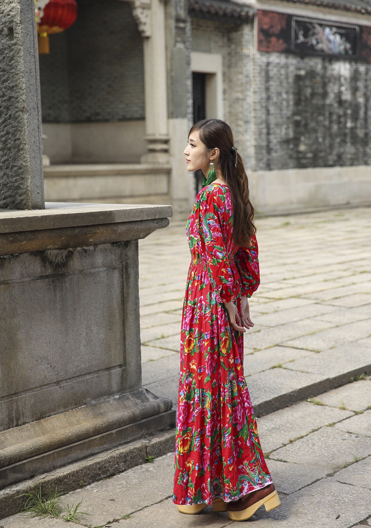 民族风新款东北大花张馨予同色碎花连衣裙秋厂家直销支持一件代发