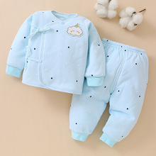 冬款新生儿衣服0-3纯棉无骨加厚夹棉婴儿内衣宝宝和尚服系带套装1