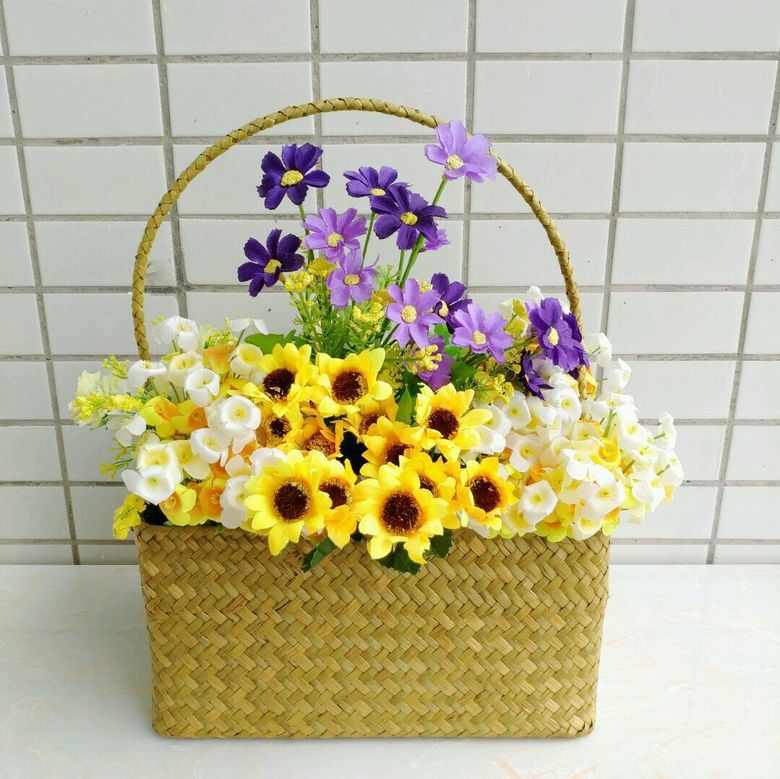 a001纯手工海草编织插花篮长方形提手花篮 野餐储物收纳筐礼篮