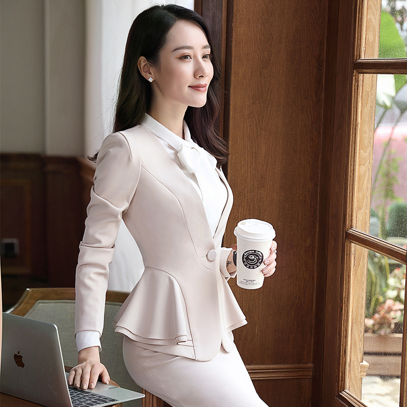 2022秋季新款职业装女套装显瘦荷叶边一扣西服套裙正装一件代发