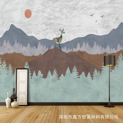 客栈手绘北欧背景装饰壁画 客厅抽象麋鹿森林壁纸酒店民宿背景画