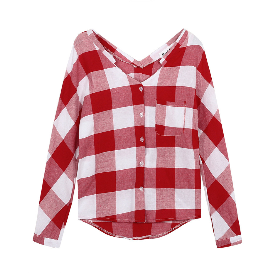 外贸实拍 wish速卖通亚马逊ebay 休闲红白格子v领长袖衬衫女上衣