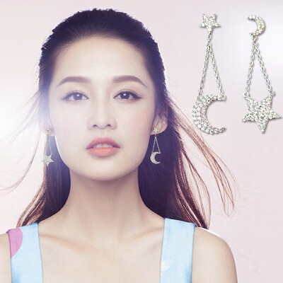 韩国s925纯银耳饰李沁明星同款锆石微镶星星月亮不对称耳钉耳环女