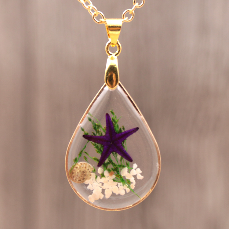 跨境热卖 水滴形金属镶边吊坠 树脂海星标本项饰女项链厂家批发