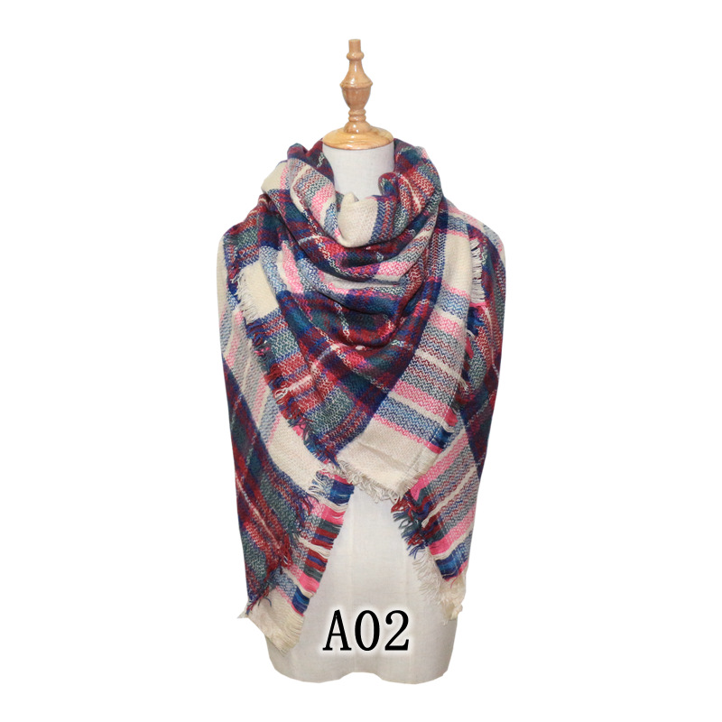 Cross-Border European and American Autumn and Winter Colorful Cashmere Plaid Square Scarf plus-Sized Double-Sided Garland Scarf Shawl