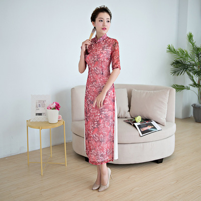 2018春季新品双层改良式长款旗袍女装 复古文艺修身旗袍连衣裙