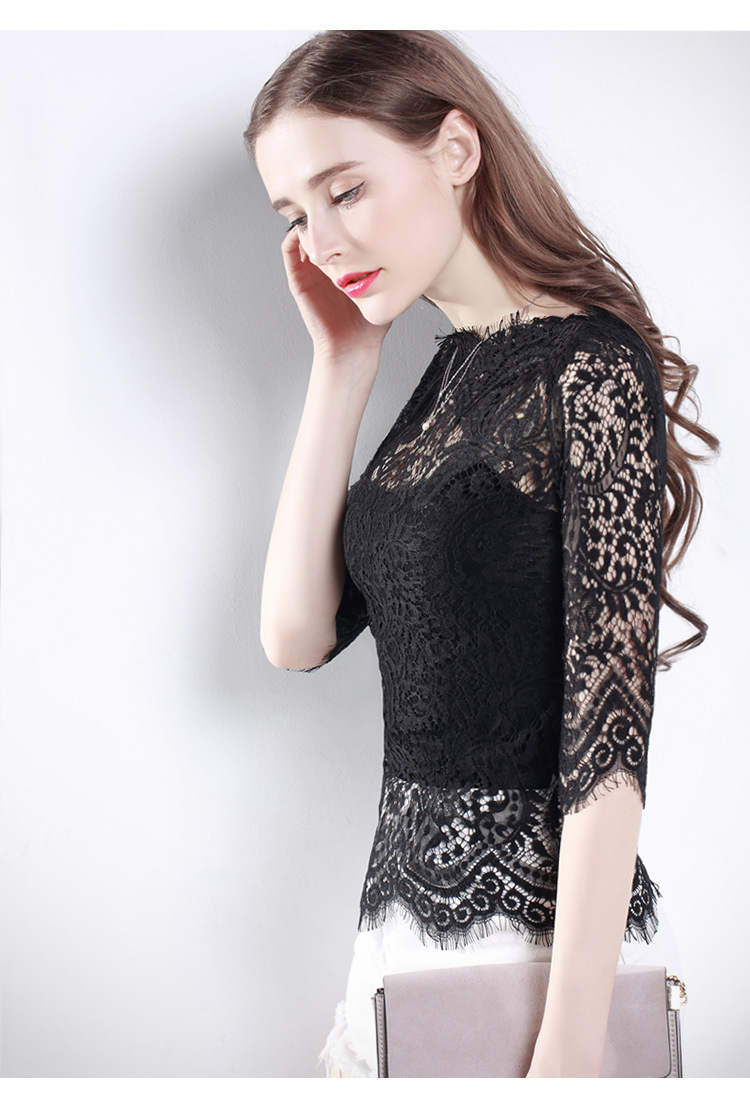 春秋装新款小衫韩版修身镂空短款上衣女士女款蕾丝衫打底衫潮女装