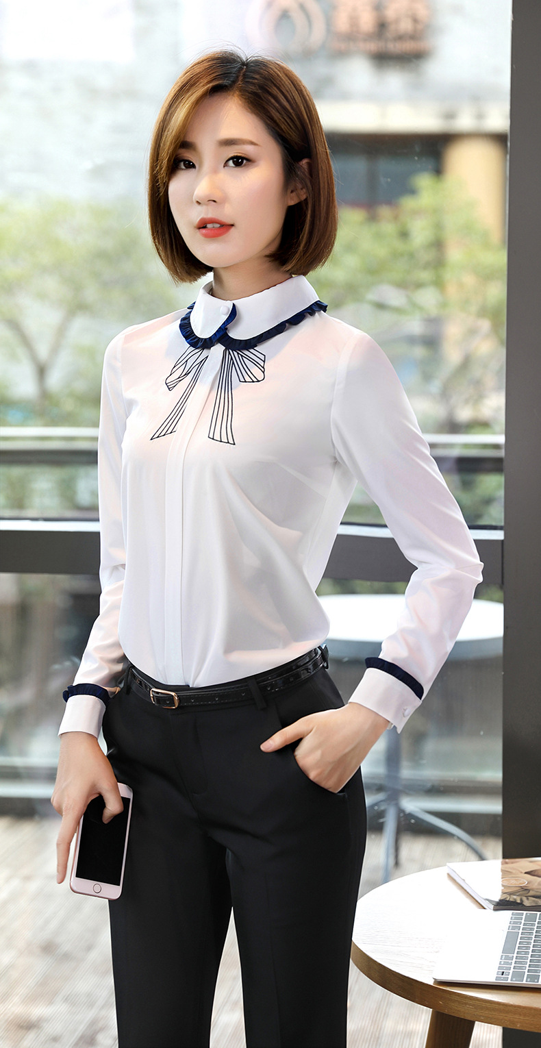 2017秋装新款长袖衬衫女白色衫刺绣花蝴蝶结衫休闲百搭上衣可韵服