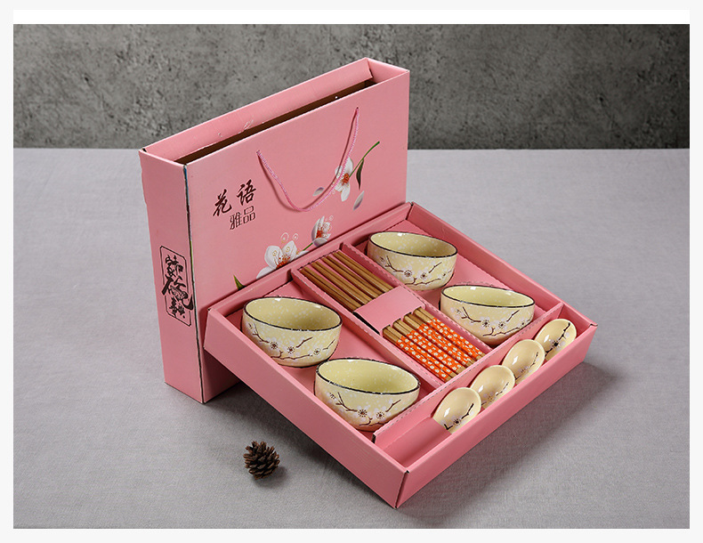 四碗四筷四勺花语碗筷套装 五一礼品梅花陶瓷礼品餐具套装定制