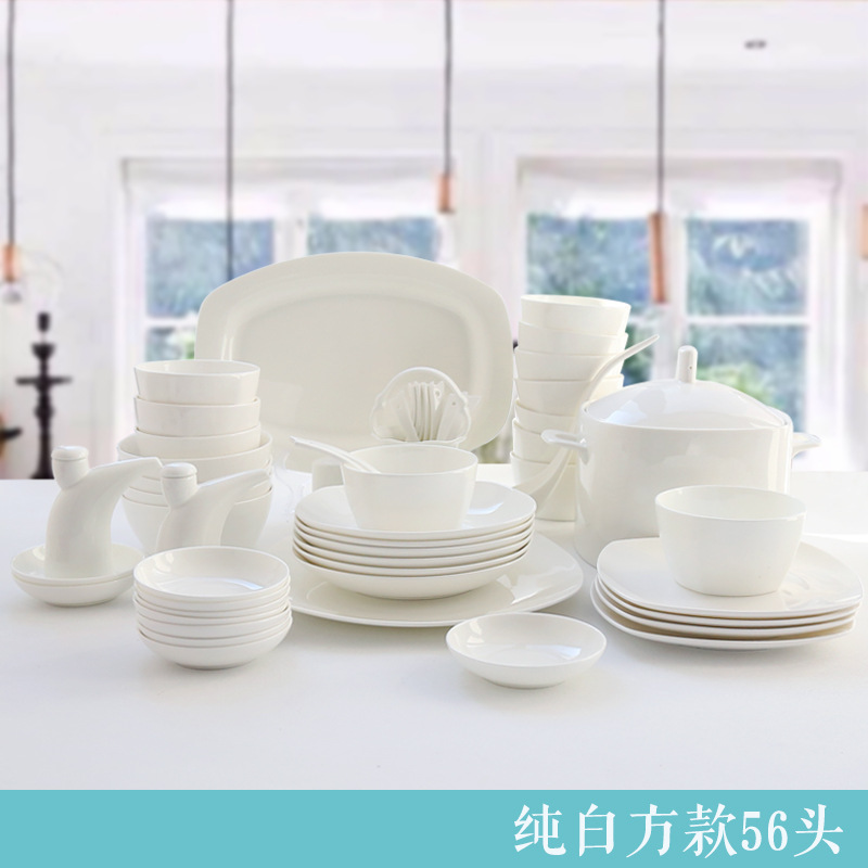 tangshan bone china tableware set 56 pieces bone china household korean pure white bowl dish & plate set