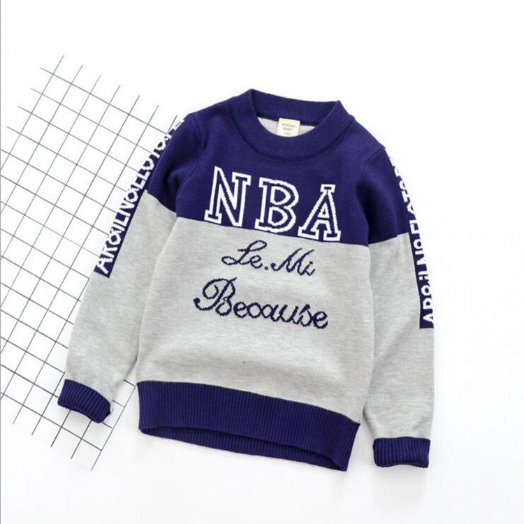 2018秋款童装大童男 nba英文字母提花套头长袖针织衫厂家直销