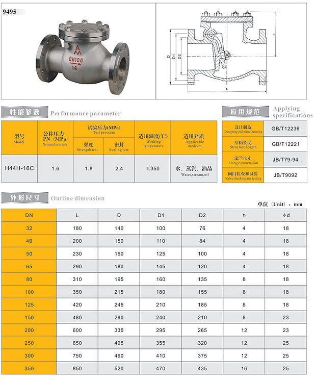 amico宁波埃美柯 铸钢法兰止回阀 9495 h44h-16c