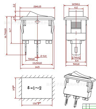 6a125vac电流电压:3a250vac尺寸:10*15mm型号:kcd11-101名称:船型开关