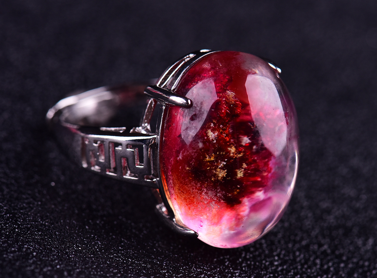 天然红幽灵水晶宝石 戒指925纯银戒面 绿幽灵男女款戒指 指定批发