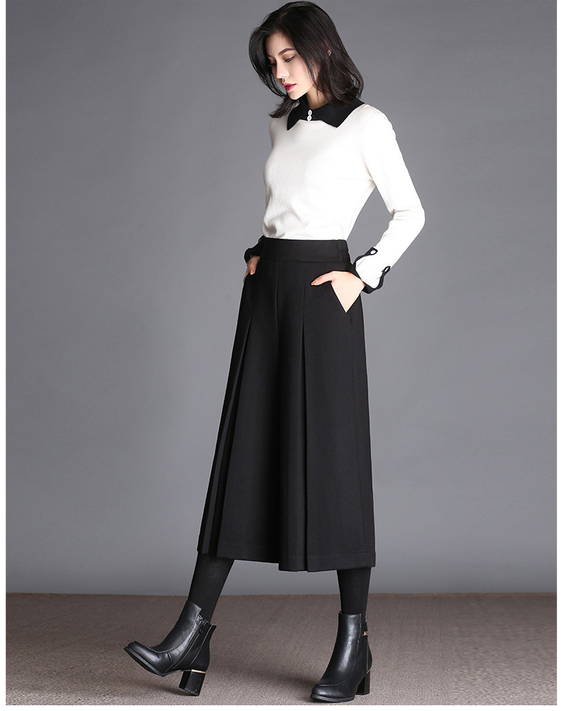 毛呢阔腿裙裤女秋冬宽松大脚裤呢子七分裤子冬季松紧腰大码装女裤