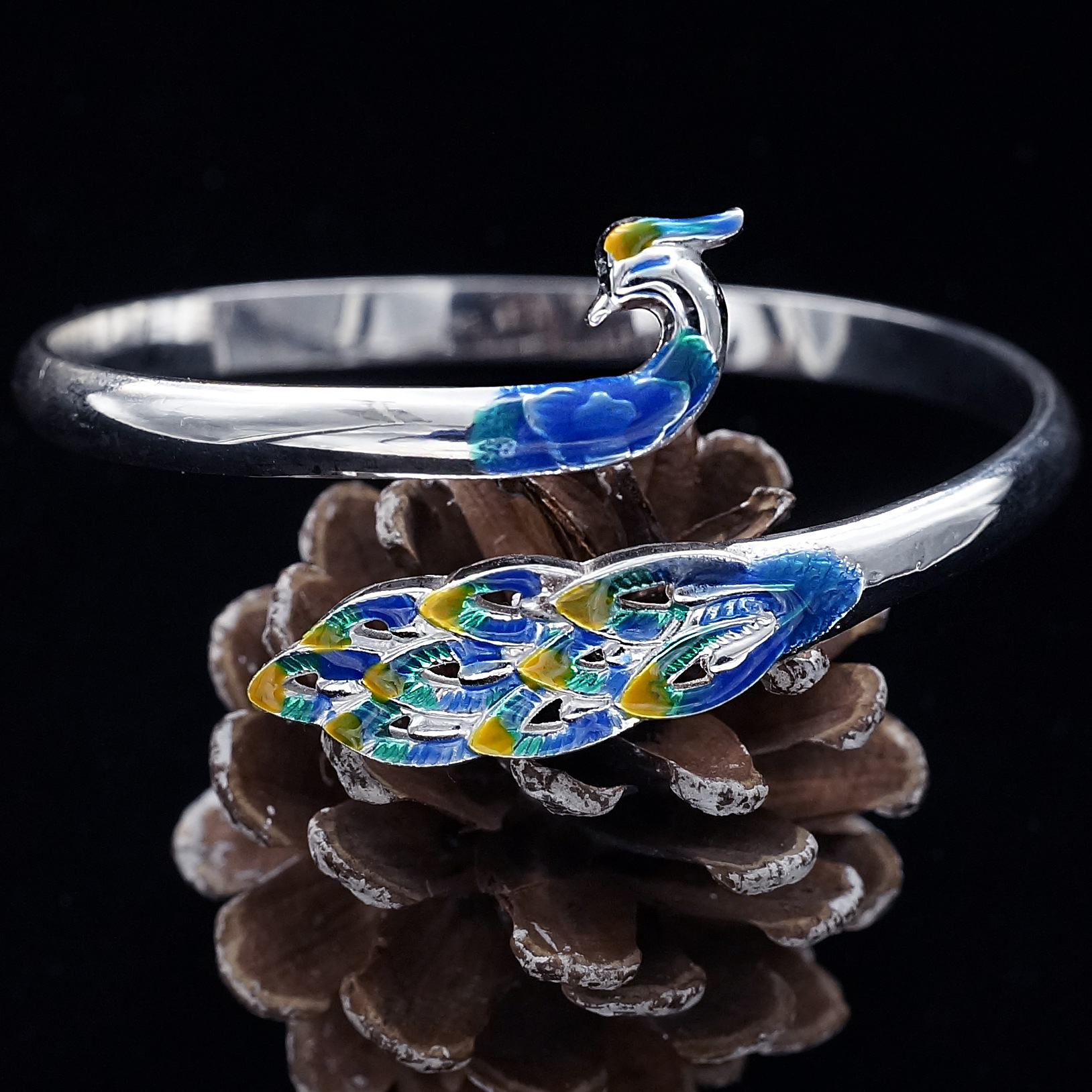 新款 足银999 景泰蓝 复古 孔雀 手镯 女性款手镯 厂家直销