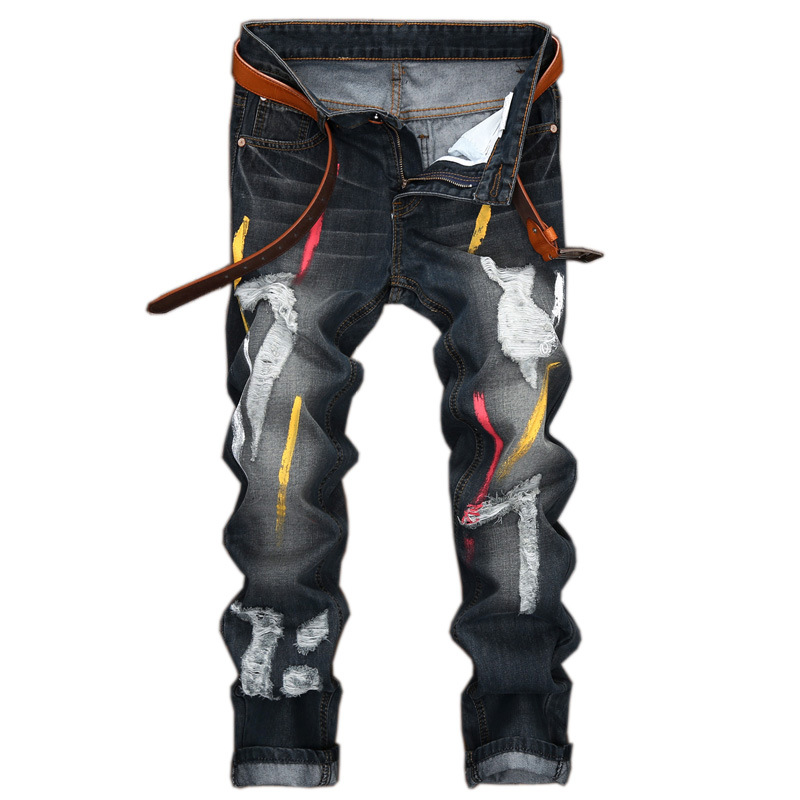   Cross-Border Supply Amazon Foreign Trade Paint Jeans Men's European and American Ripped Special Nostalgic Straight Jeans Men's Clothing