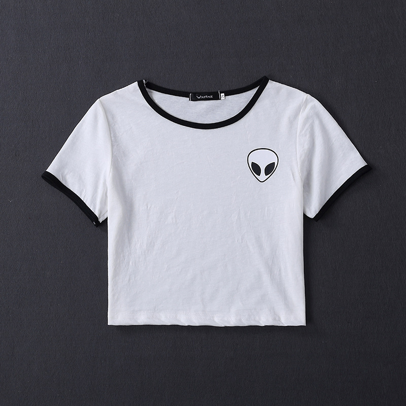 速卖通2017夏季爆款外星人短款t恤圆领短袖t恤上衣女 7色5码 现货