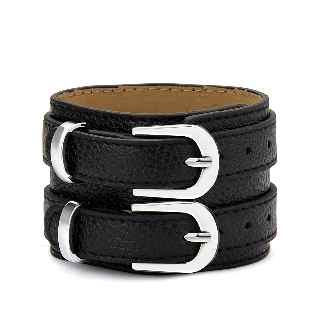 欧美朋克夸张宽大皮护腕2条细皮双层车线皮手链非主流皮腕带