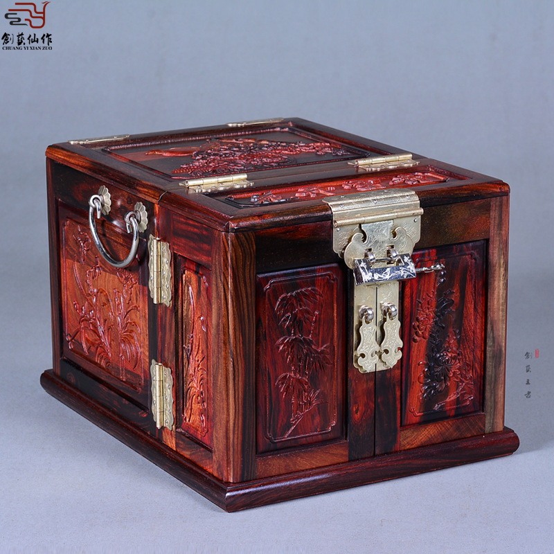 红木珠宝箱老挝大红酸枝精雕首饰盒红木家具摆件结婚礼品化妆盒