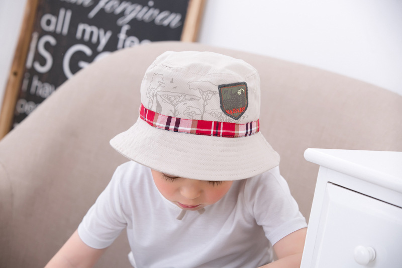 出口外贸原单品牌卡其色绘画贴布标男童渔夫帽童帽童春夏帽