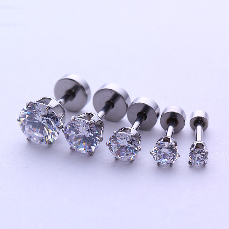 Factory Direct European and American New Stainless Steel Zircon Stud Earrings round Barbell Male Ear Bone Nail Piercing Jewelry Wholesale