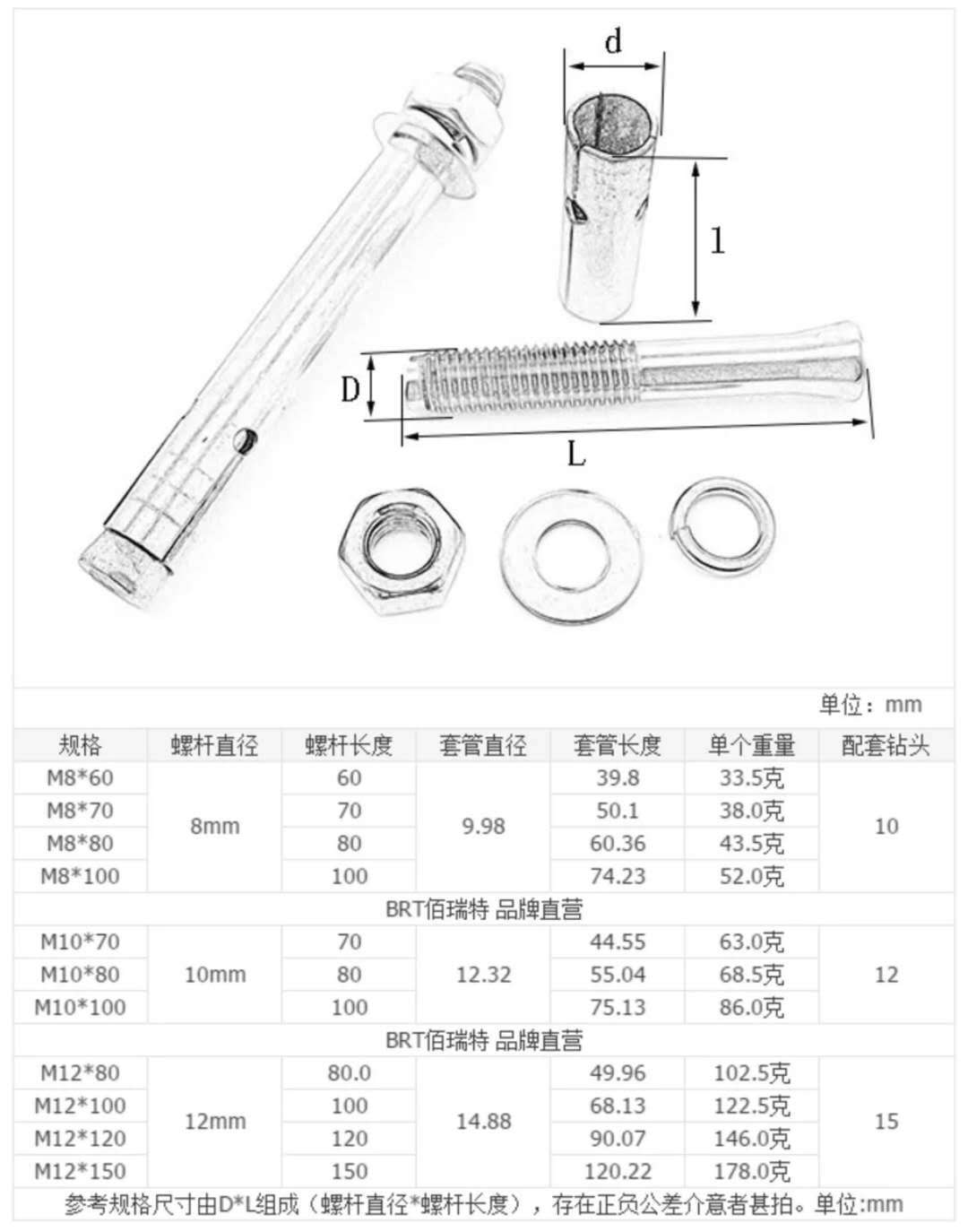 304不锈钢带圈膨胀钩 吊环吊母 膨胀螺丝螺栓 m6m8m10m12m14m16