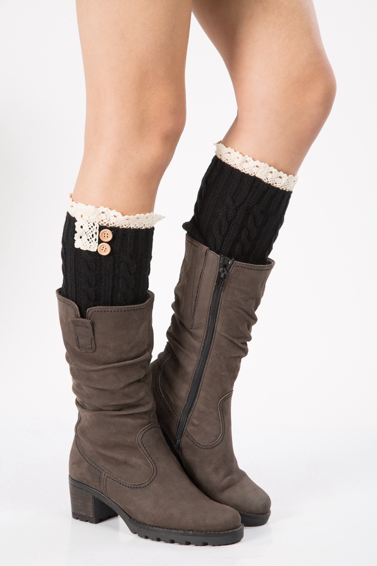 跨境专供针织毛线脚套靴套秋冬蕾丝花边订扣8字麻花抽条纽扣袜套