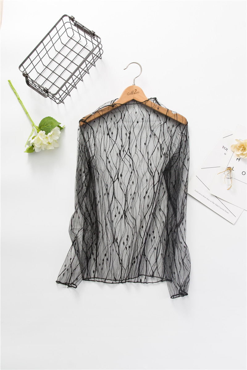 新款韩版打底衫女长袖百搭网纱衣透视性感小立领蕾丝衫长袖t恤衫