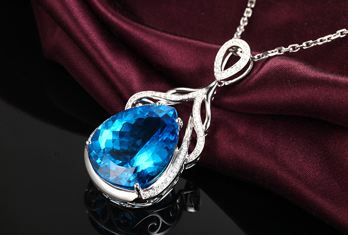 臻荣欧美奢华美人鱼之泪项链 微镶嵌锆石蓝色托帕石水滴形状吊坠