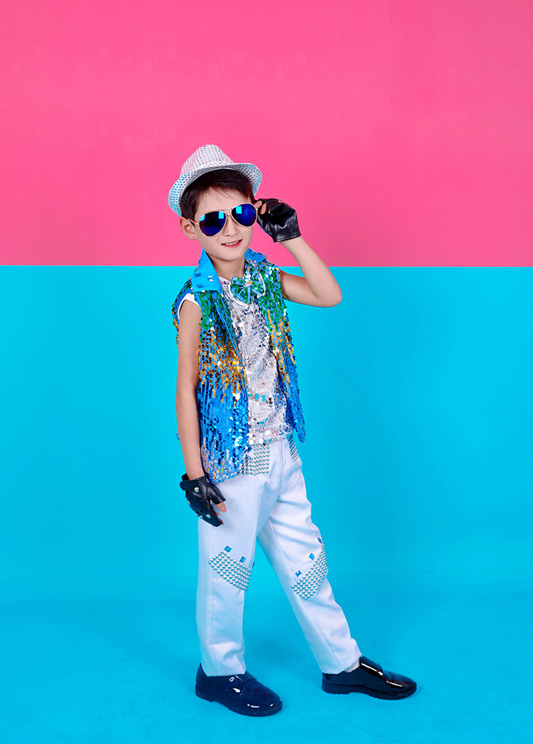 新款儿童架子鼓表演出服男童走秀亮片爵士舞吉他演出舞台模特服装