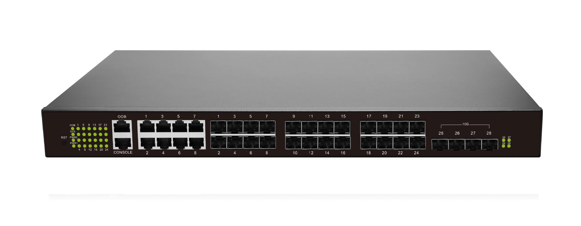 24全千兆光口标准无阻塞三层交换机还拥有8ge电口4万兆光口