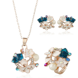 炫丽魔幻玫瑰花耳钉项链戒指首饰套装保色金水晶三件套欧美爆款