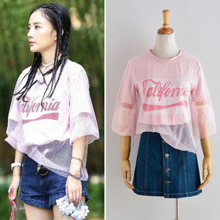 2018春夏青春旅社李小璐明星同款透视装宽松型网纱印花t恤上衣女