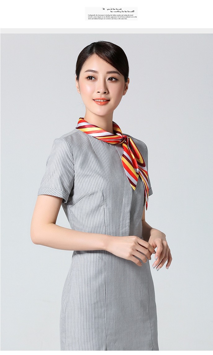定制海航空姐连衣裙职业套装新款夏装灰色条纹航空工作服短袖丝巾