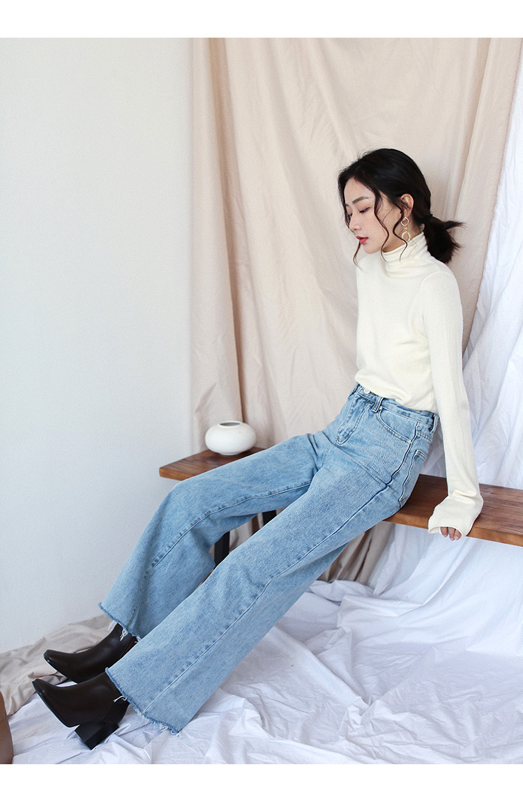 2017冬季女装韩版女式牛仔裤浅色阔腿裤中腰长裤批发代理k73048