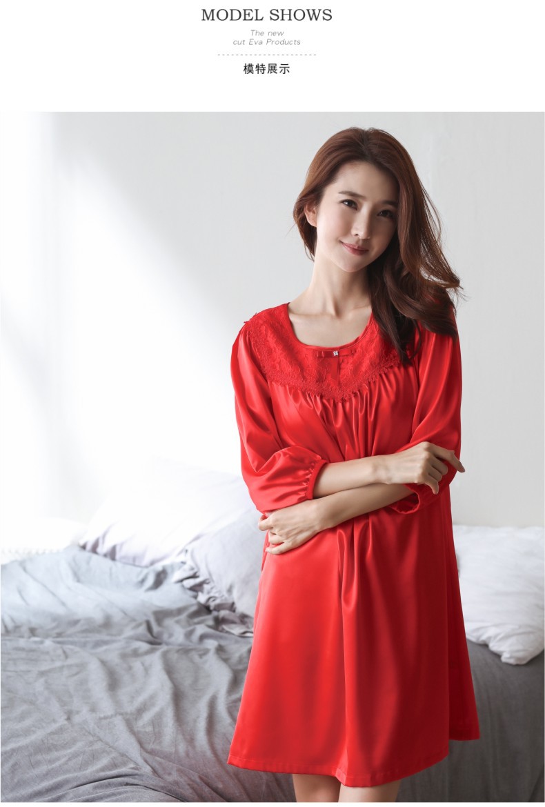 女士花边丝绸睡裙桑蚕丝睡衣 欧美高端性感大红诱惑七分袖大码