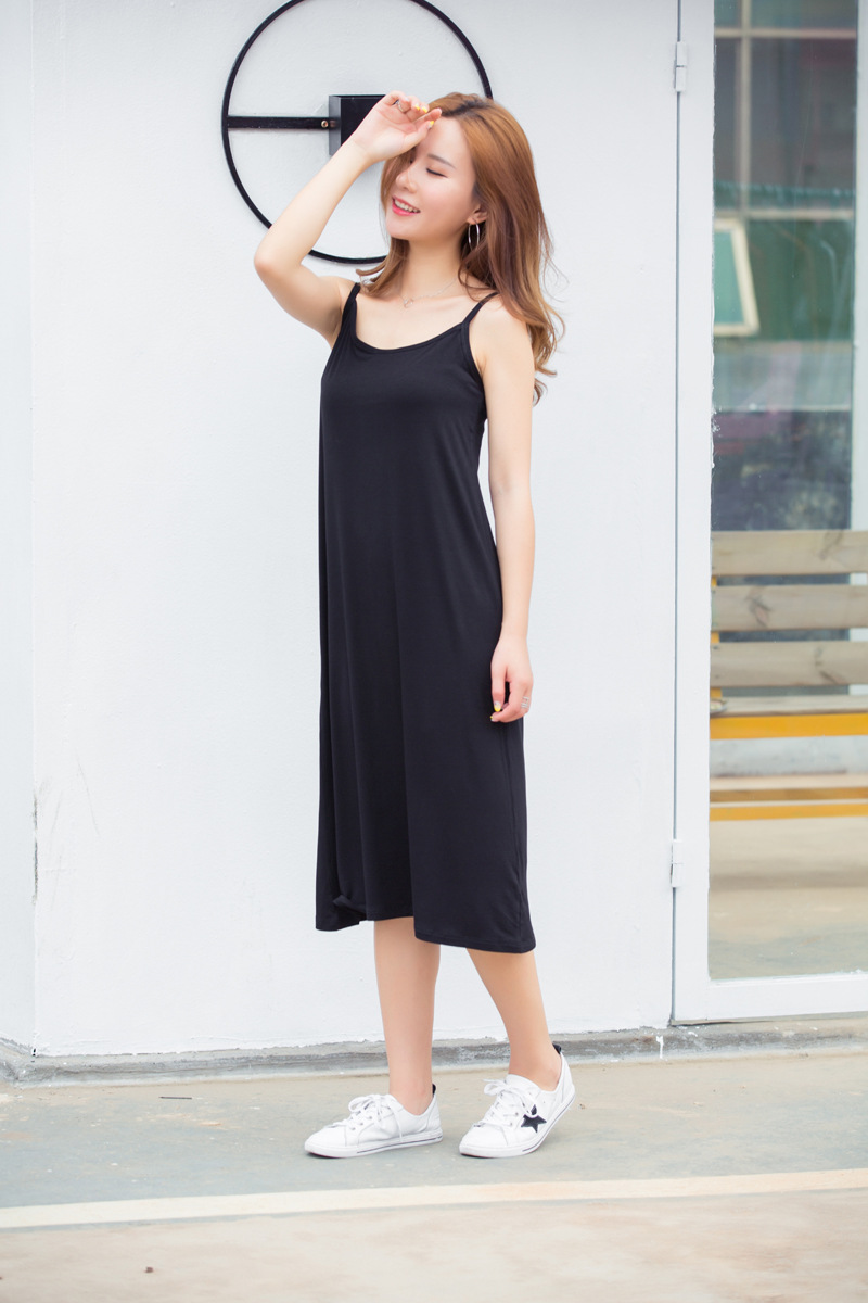 莫代尔中长裙居家裙连衣吊带裙打底裙衬裙宽松圆领1793