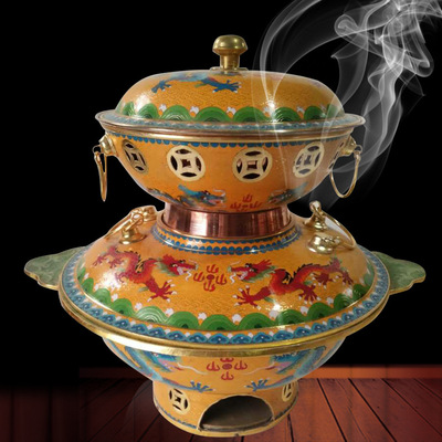 厂家批发 景泰蓝双层铜火锅北京涮肉铜火锅老式碳火锅定制