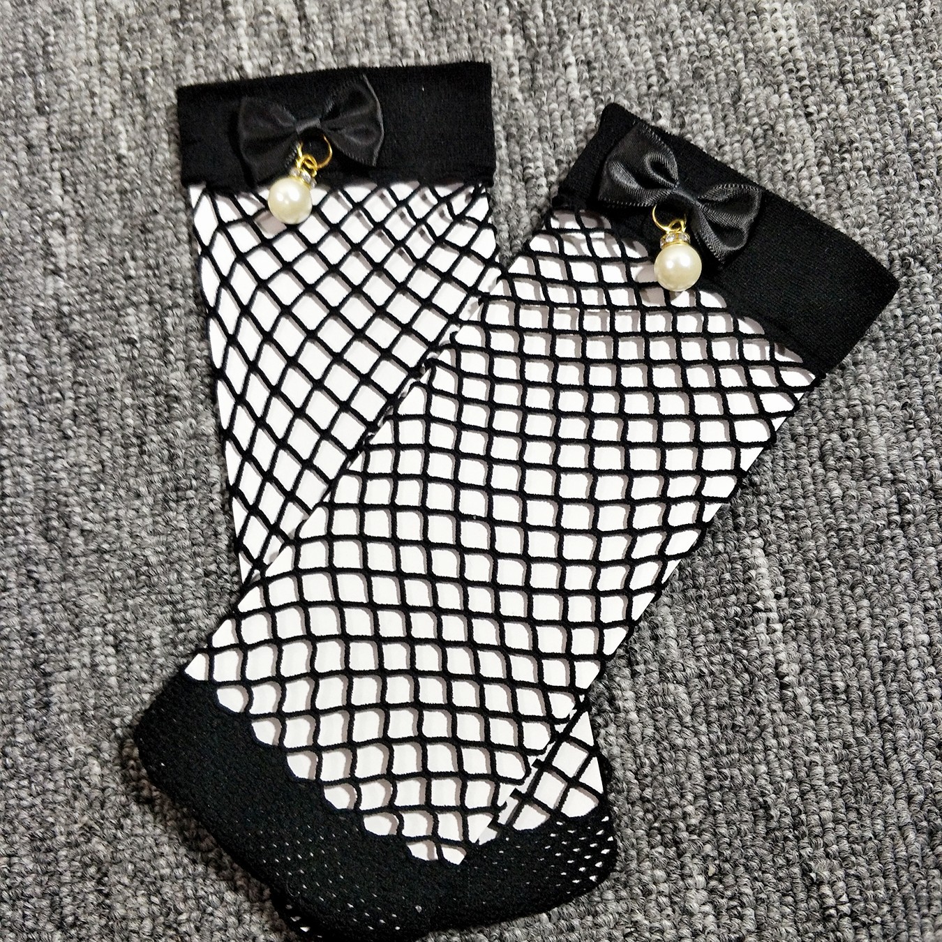 欧美蝴蝶结珍珠黑色渔网袜女士天鹅绒网格短丝袜