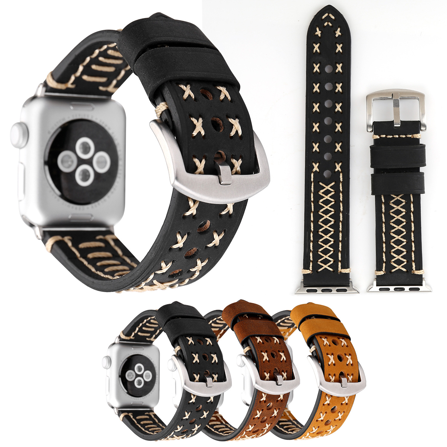 适用苹果手表表带apple watch 4真皮表带iwatch真皮表带手工线
