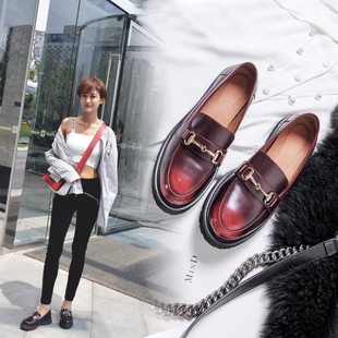 2017秋冬新款复古英伦学院风单鞋真皮圆头厚底鞋马衔扣乐福鞋女