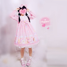 包邮日系lolita可爱玩偶粉色兔子格子长袖连衣裙op洛丽塔连衣裙