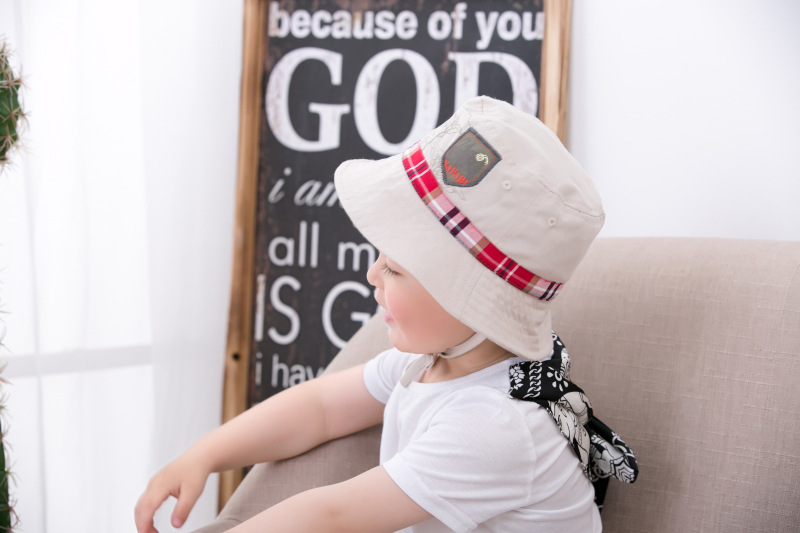 出口外贸原单品牌卡其色绘画贴布标男童渔夫帽童帽童春夏帽