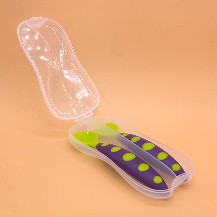 婴儿勺子 透明pp盒装婴幼儿双色叉勺2件套 喂养宝宝辅食叉子勺子
