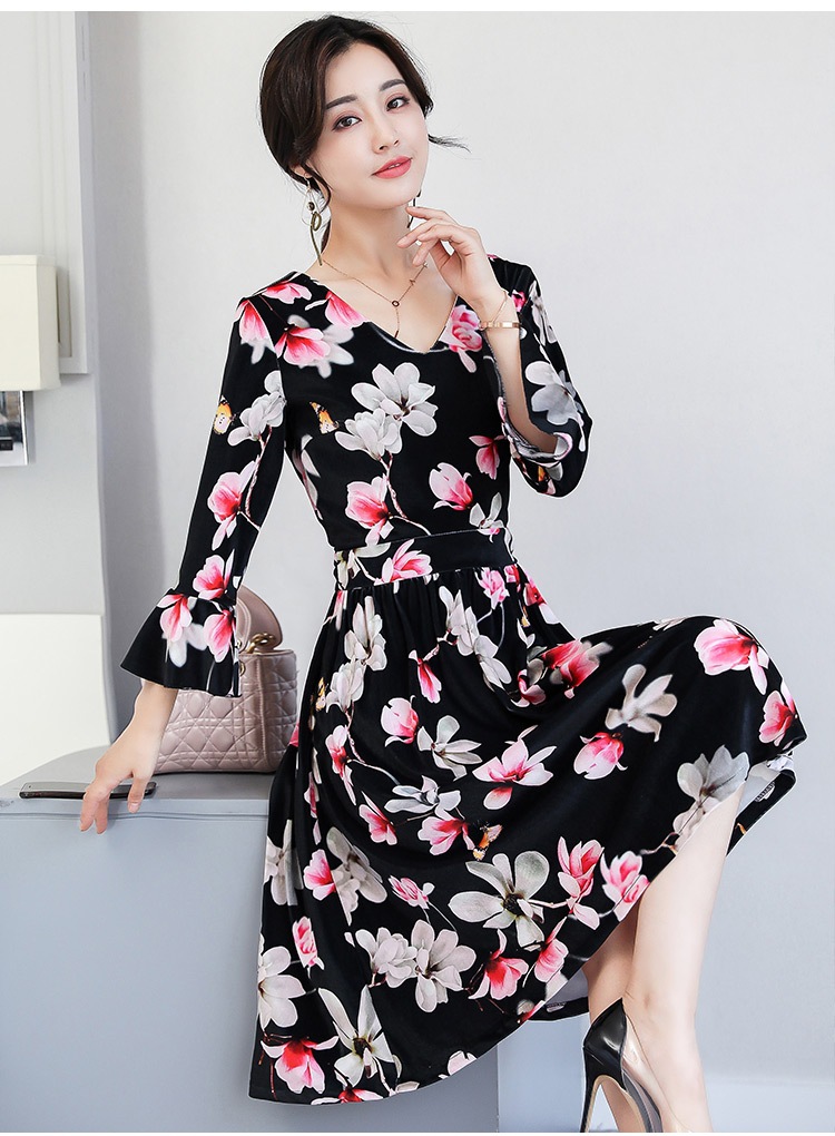 cq smyz503 新品v领长袖大花长款大摆型连衣裙