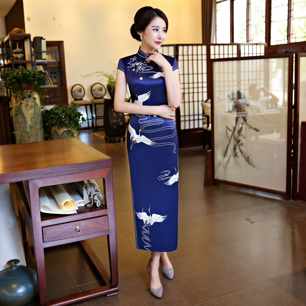 qd921白鹤双层定位印花复古长旗袍